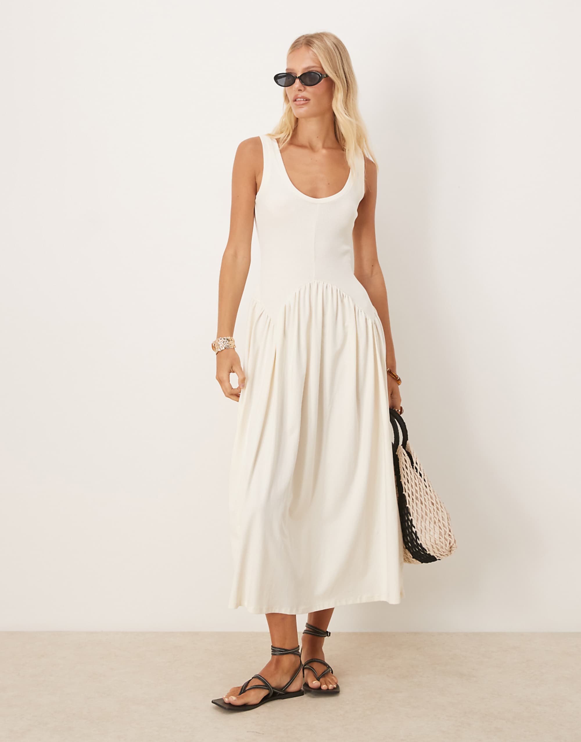 Asos Design Ribbed Bodice Scoop With Dipped Waist Detail Midi Dress in Cream