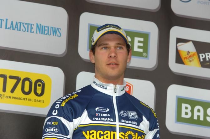Barry Markus (Vacansoleil-DCM) on the Scheldeprijs podium for this third place result