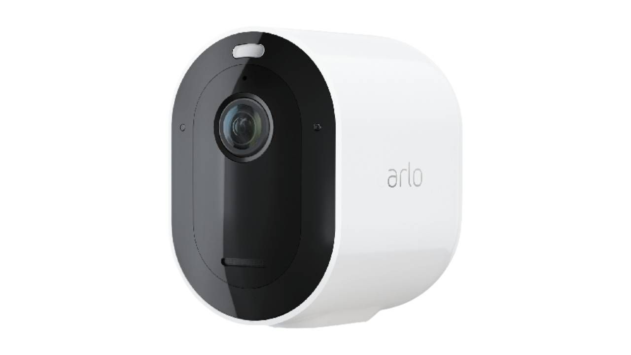 A white Arlo Pro4 smart security camera on a white background