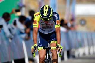 QURAYYAT OMAN FEBRUARY 12 Jan Hirt of Czech Republic and Team Intermarch Wanty Gobert Matriaux reacts after cross the finishing line in second place during the 11th Tour Of Oman 2022 Stage 3 a 180km stage from Sultan Qaboos University to Qurayyat 240m TourofOman on February 12 2022 in Qurayyat Oman Photo by Dario BelingheriGetty Images