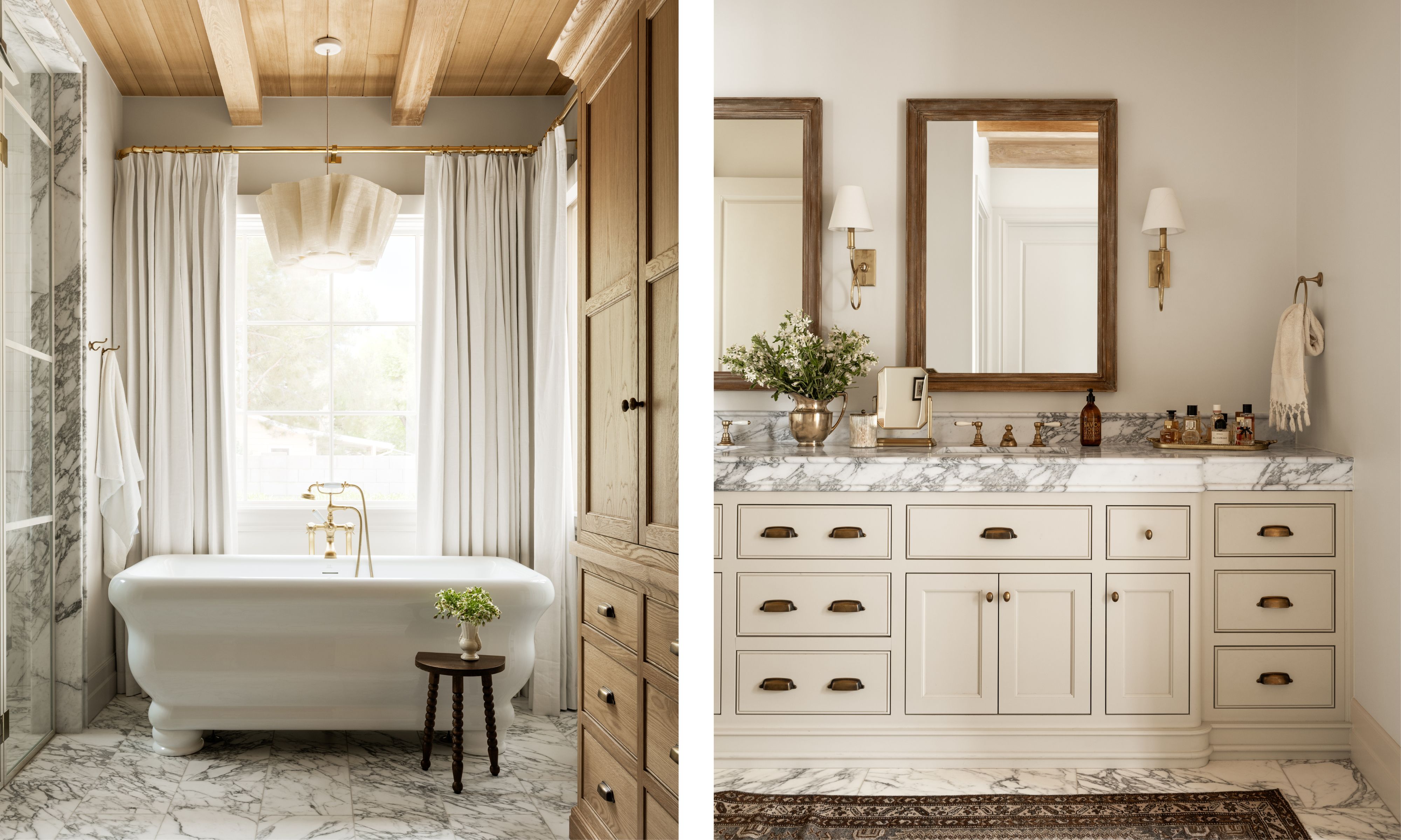 two side by side images of a primary bathroom with marble floor and shower and a freestanding bath with a large marble topped cream vanity