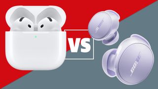 Apple AirPods 4 and Bose QuietComfort Earbuds (2024) on a red and grey background with a 'vs' symbol between them.