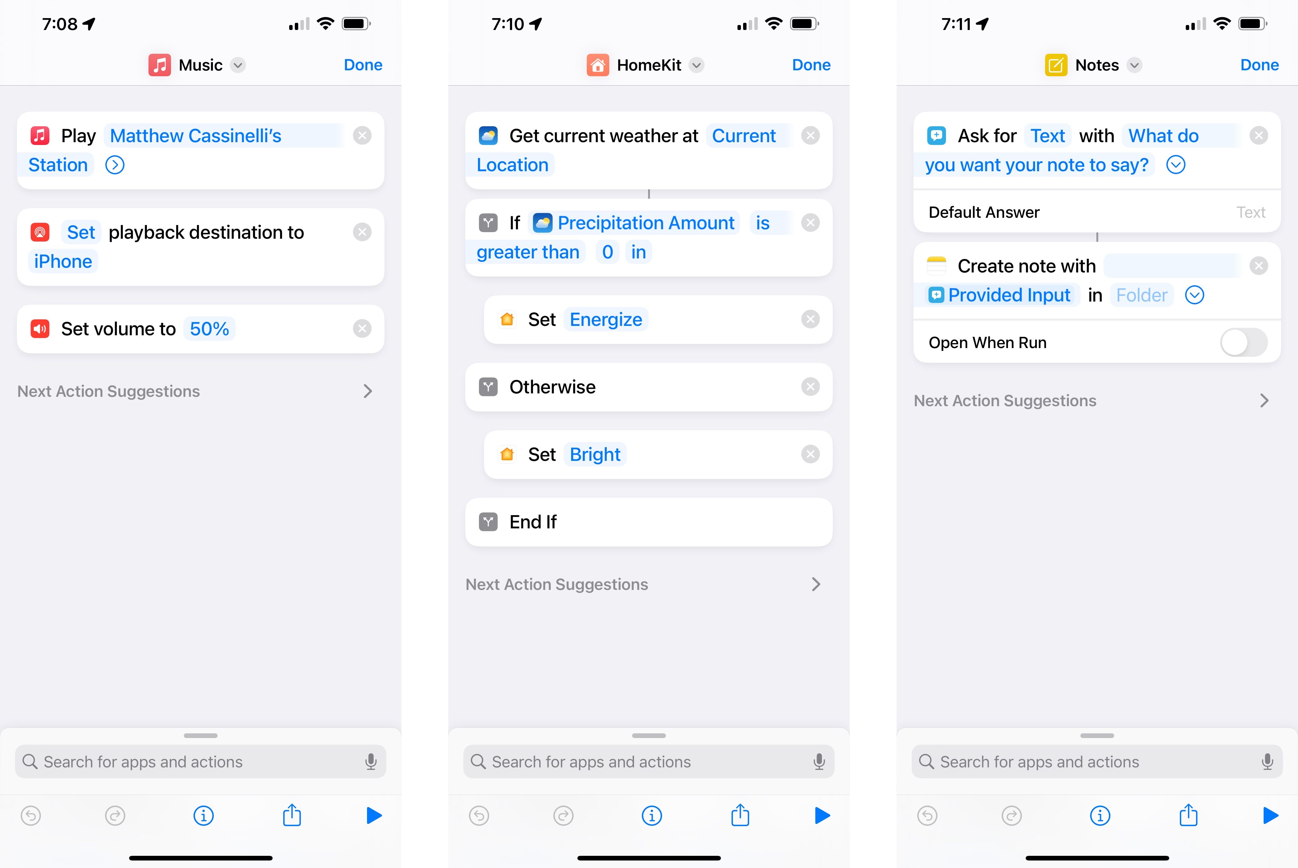 Screenshot of Media, HomeKit, and Notes shortcuts for Apple Watch