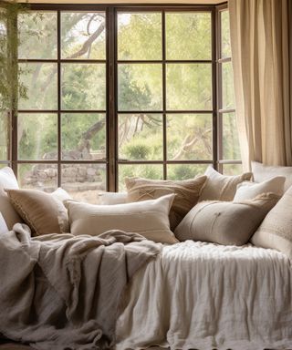 A reading nook with pillows and throws on it, next to large windows