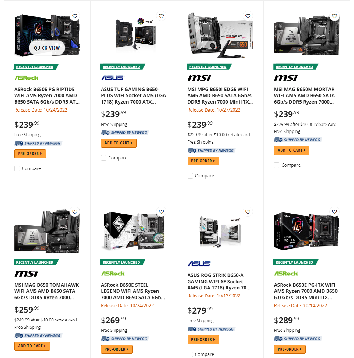 Newegg B650/B650E Motherboard Listings