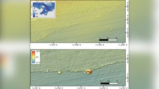 Sonar data from an autonomous underwater vehicle shows a wall structure stretching along the seafloor.