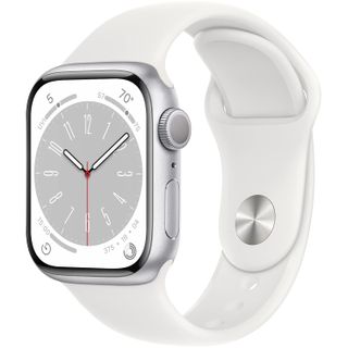 Valkoinen Apple Watch 8 -älykello valkoista taustaa vasten