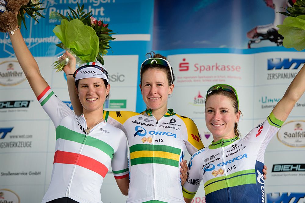 Top three on the stage: Amanda Spratt, Elena Cecchini and Annemiek van Vleuten at Th&uuml;ringen Rundfarht 2016 - Stage 6