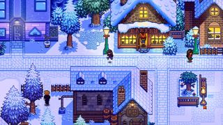 A snowy village in Haunted Chocolatier. A Bakery is one of the buildings lit up