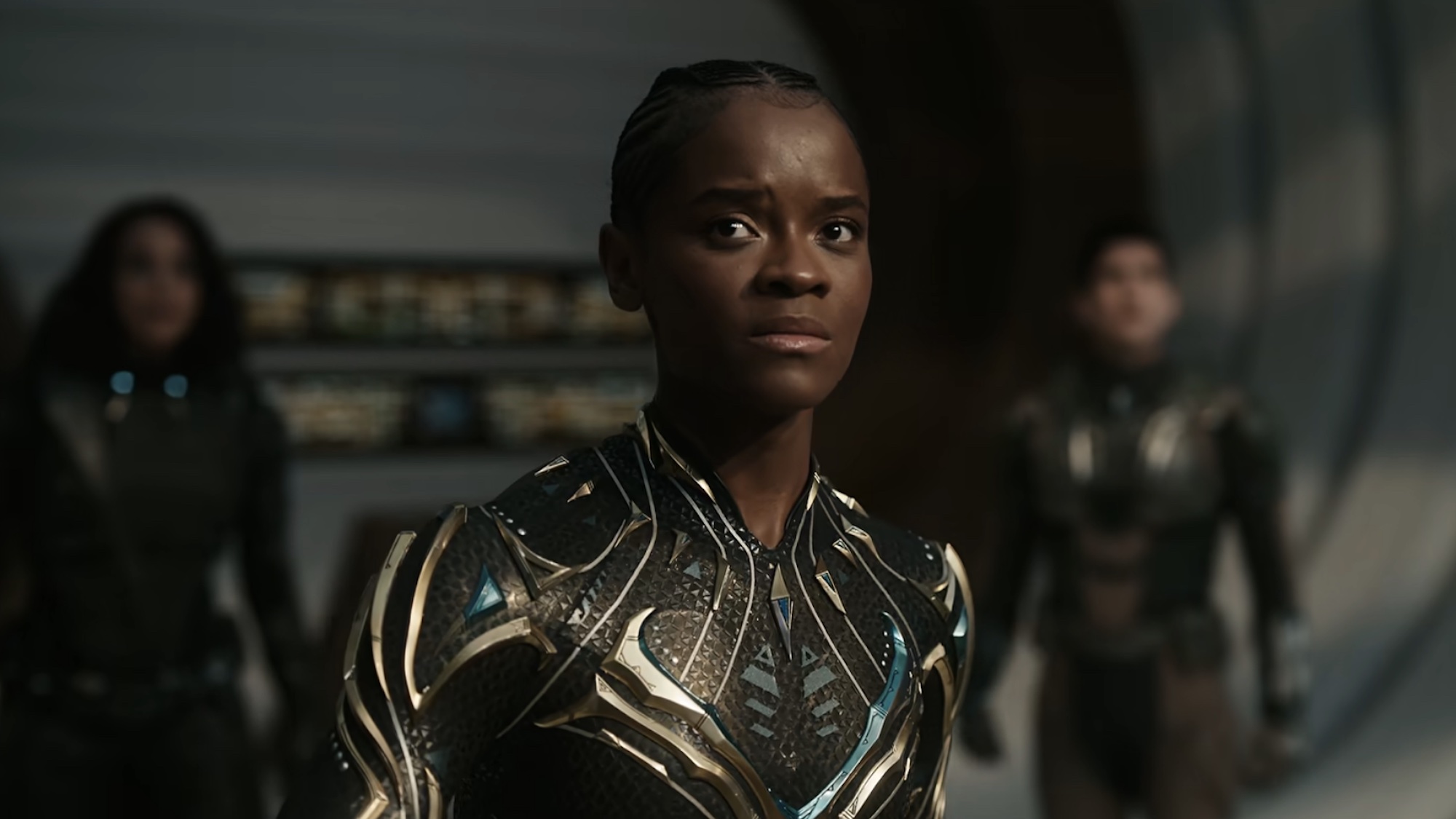 Shuri looking nervous in Doomsday, with Ghost and Falcon in the background.