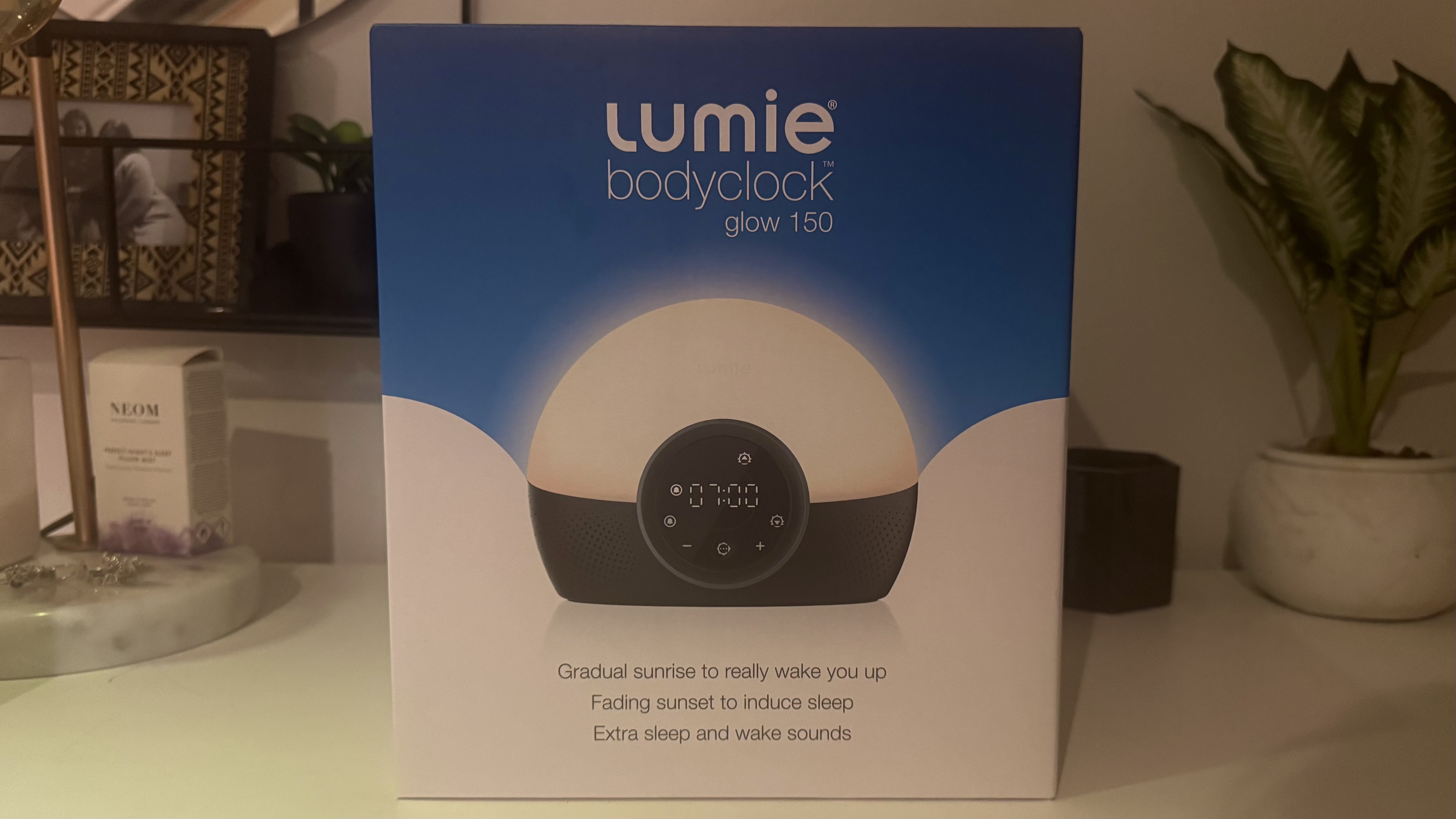 Lumie Bodyclock 150 box on bedside table next to plant