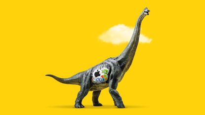 Illustration of a sauropod dinosaur stickered with Big Tech company logos