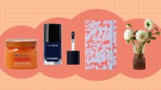 fall buys including body scrub, nail polish, a notebook and vase on an orange background 