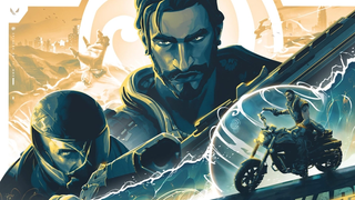 Artwork of the Valorant character Harbor showing him riding a motorcycle.