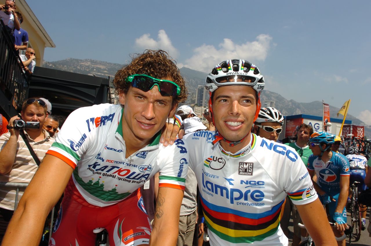 Italian champion Filippo Pozzato with world champion Alessandro Ballan at the 2009 Tour de France.