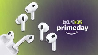Three pairs of AirPods with a Cyclingnews Primeday logo overlaid