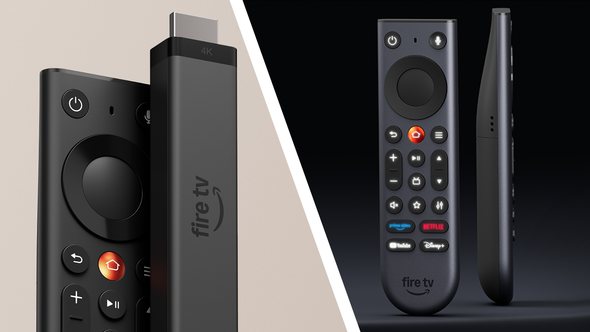 A split image. The Amazon Fire TV 4K Stick with its remote on one side, and the new Fire TV Remote Plus is on the other side.