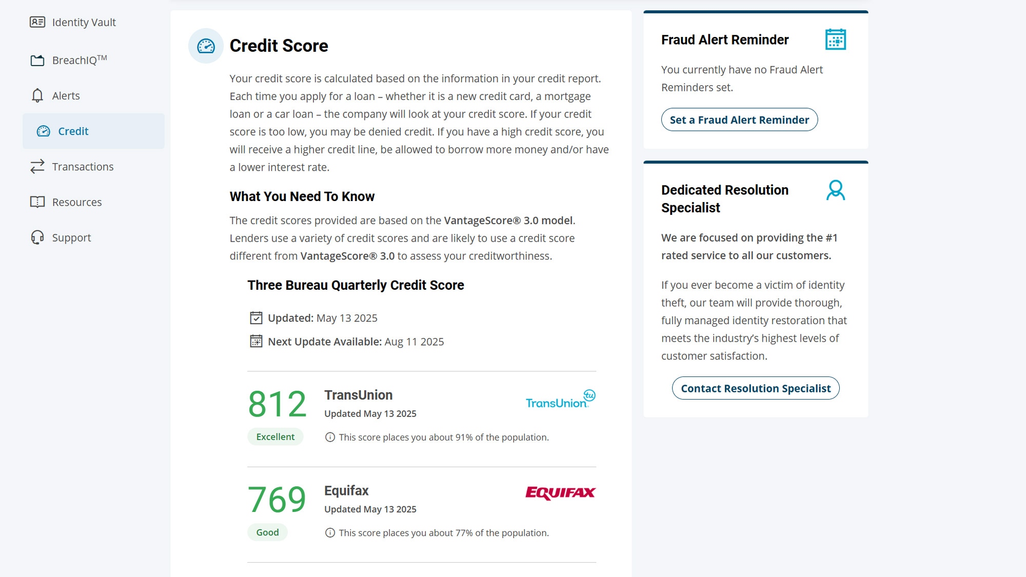 Screenshot of the IdentityForce web interface