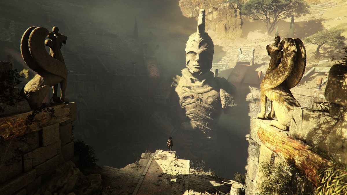 Sophia and Leni explore the first Minoan trial, resting above a huge pit that contains a big stone statue of a warrior in Resonance: A Plague Tale Legacy
