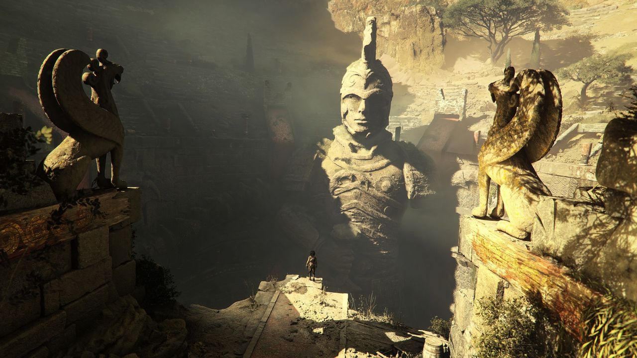 Sophia and Leni explore the first Minoan trial, resting above a huge pit that contains a big stone statue of a warrior in Resonance: A Plague Tale Legacy