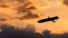 The silhouette of a missile in front of an orange-pink sunset