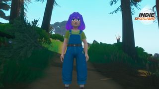 Out and About screenshot of the player character forager who has purple hair and wears dungarees 