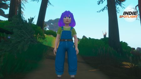 Out and About screenshot of the player character forager who has purple hair and wears dungarees 