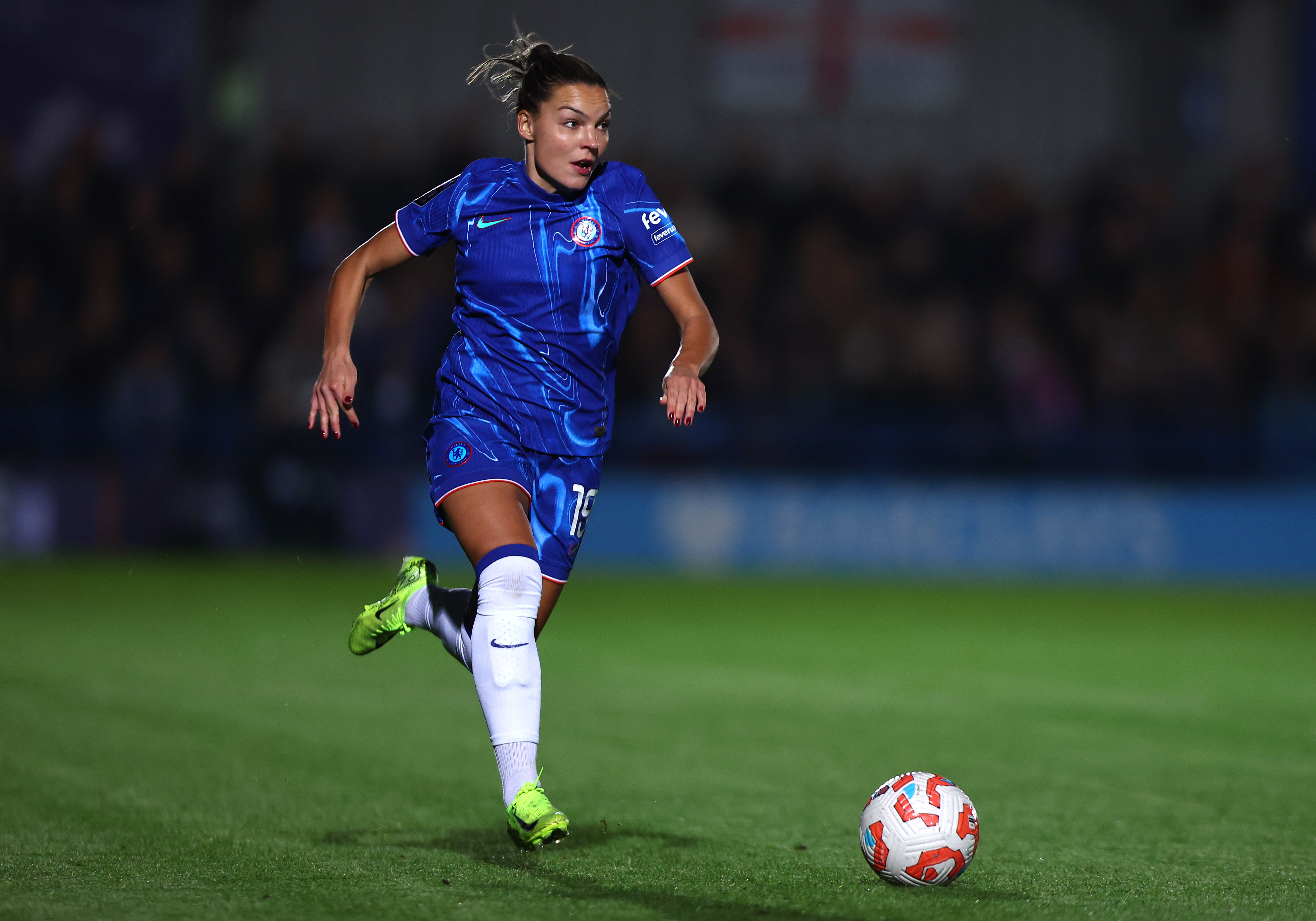 Johanna Rytting Kaneryd of Chelsea controls the ball during the Barclays Women's Super League match between Chelsea and Tottenham Hotspur at Kingsmeadow on October 20, 2024 in Kingston upon Thames, England.