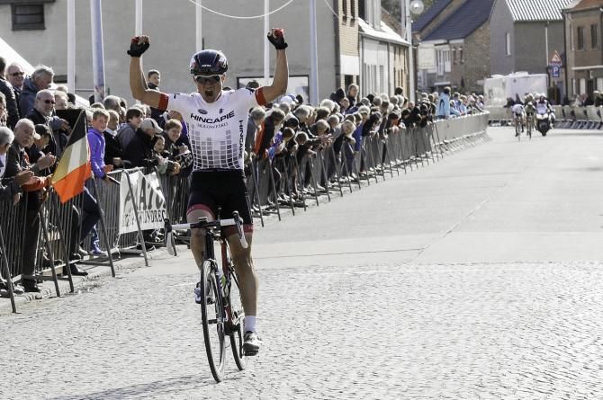 Robin Carpenter (Hincapie Sportswear Development Cycling Team) celebrating victory at the Puivelde Kermis