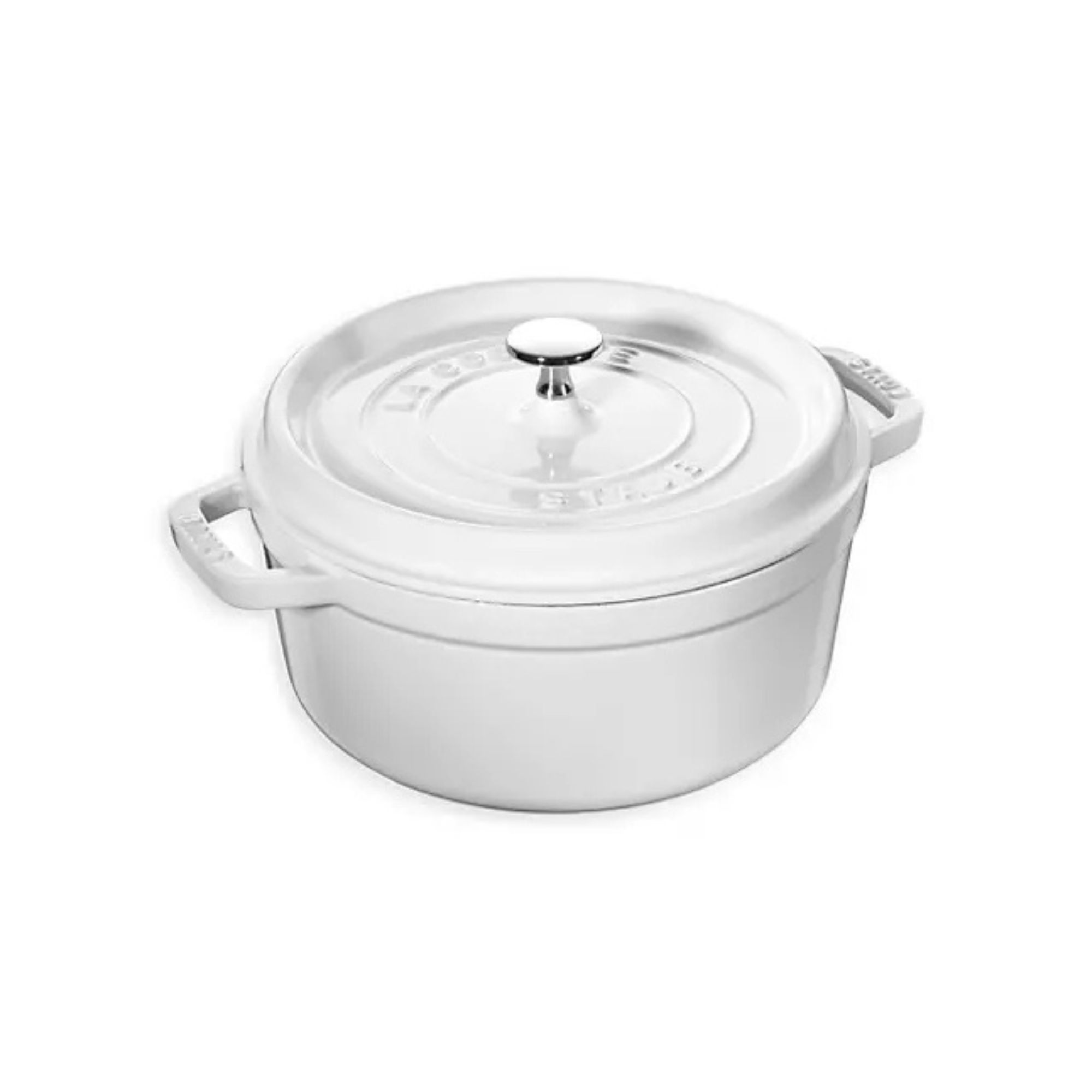 Staub Cast Iron 4-Qt Round Cocotte against a white background. 