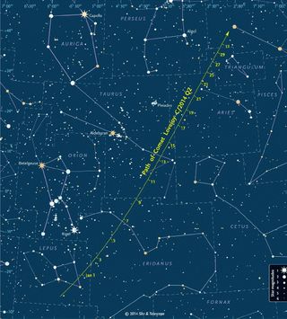 A detailed finder chart shows where to look for Comet Lovejoy during January 2015. The dates' tick marks indicate the position at 0:00 Universal Time (7 p.m. on the previous date Eastern Standard Time).