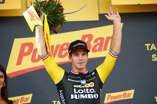 Dylan Groenewegen on the Tour de France podium after winning stage 7