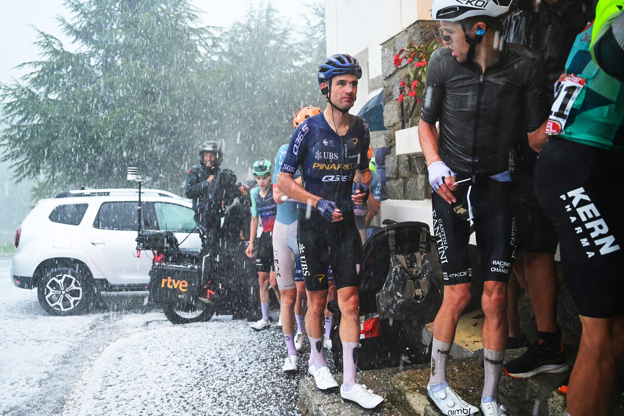 FONT-ROMEU, FRANCE - AUGUST 24: Milan Vader of Netherlands and Team Pinarello - Q36.5 Pro Cycling reacts after the cancellation of the stage due to a hailstorm during the La Vuelta - 81st Tour of Spain 2026, Stage 3 a 174km from Gruissan - Aude to Font Romeu 1941m / The stage is cancelled due to extreme weather conditions / #UCIWT / on August 24, 2026 in Font Romeu, France. (Photo by Tim de Waele/Getty Images)