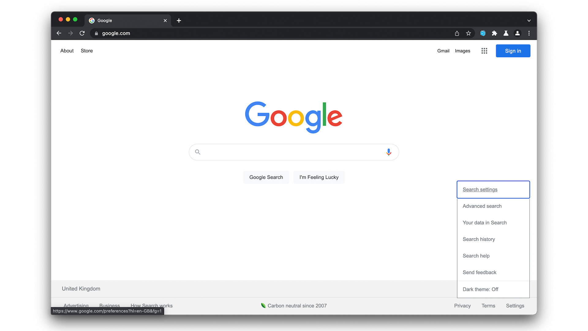 Chrome dalam mode terang di Google