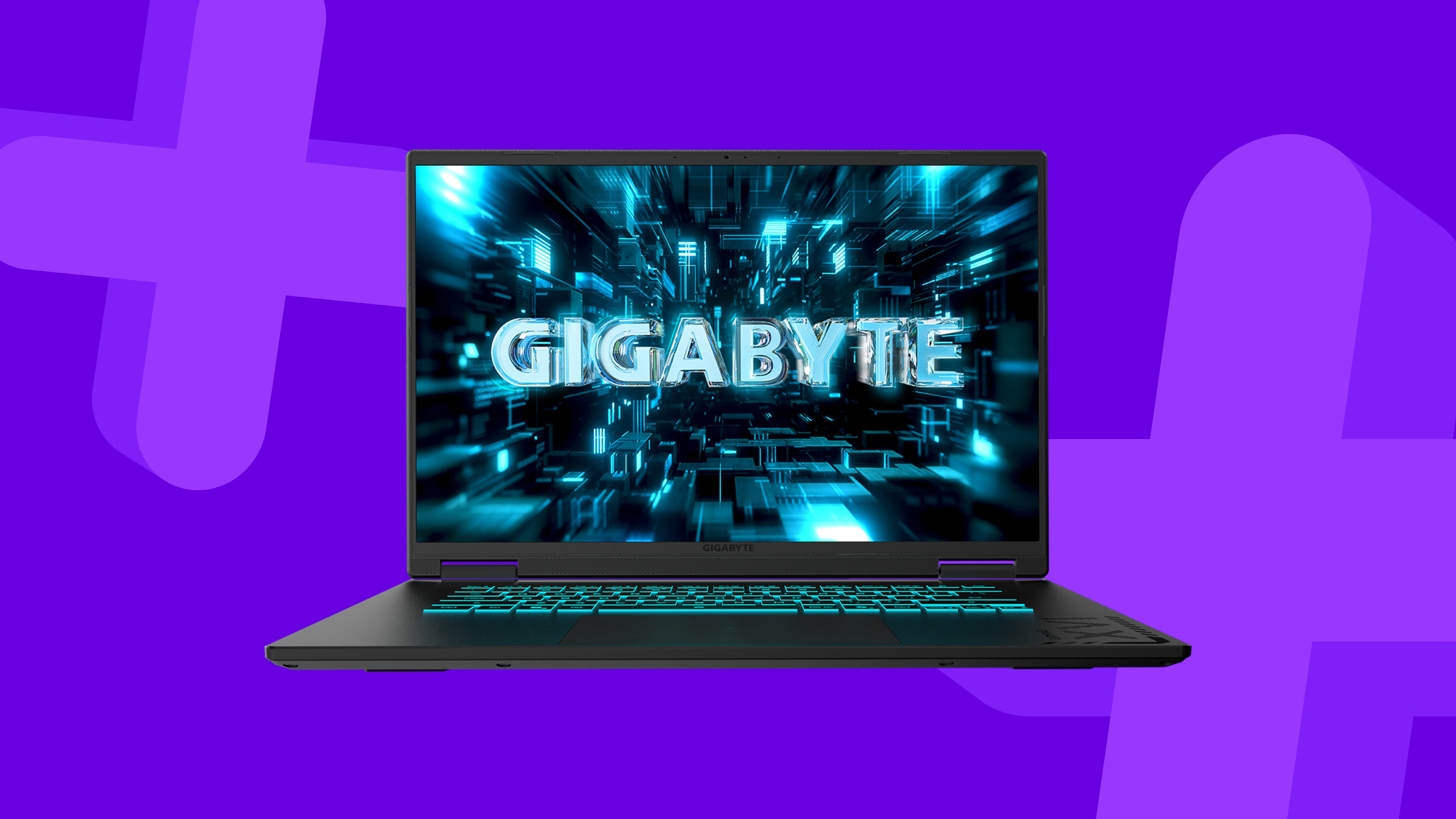 Gigabyte A16 Pro gaming laptop on a purple background