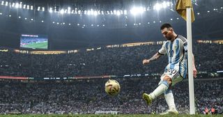 Lionel Messi of Argentina takes a corner kick during the FIFA World Cup Qatar 2022 Final match between Argentina and France at Lusail Stadium on December 18, 2022 in Lusail City, Qatar.