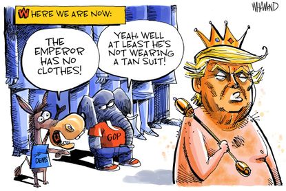 Political Cartoon Trump Emperor No Clothes Obama Tan Suit