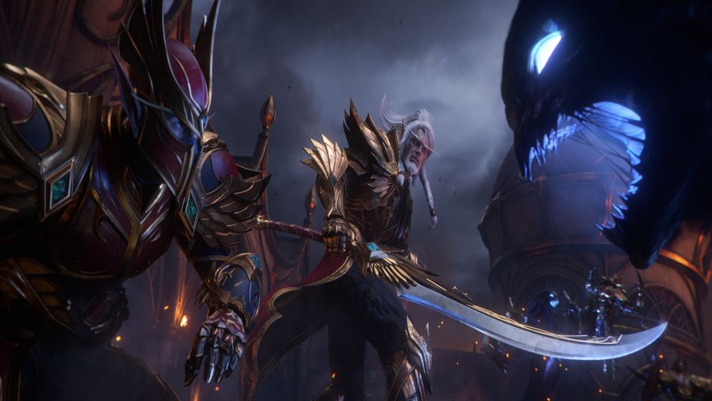 Cinematic screenshot of Blood Elves fighting Void Walkers in World of Warcraft: Midnight