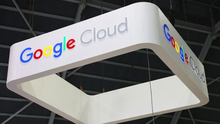 Google Cloud logo and branding pictured on a sign at the company's vendor stall at the 2022 Singapore FinTech Festival. 