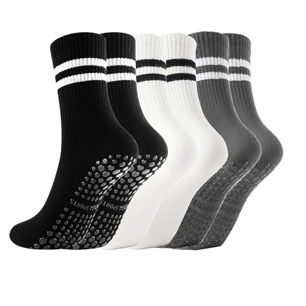 Gendewiner 3 Pairs Black White Gray Non Slip Yoga Cotton Grip Pilates Socks for Women&men Anti Slipper Grippy Socks for Ballet, Hospital, Dance, Trampoline, Barre