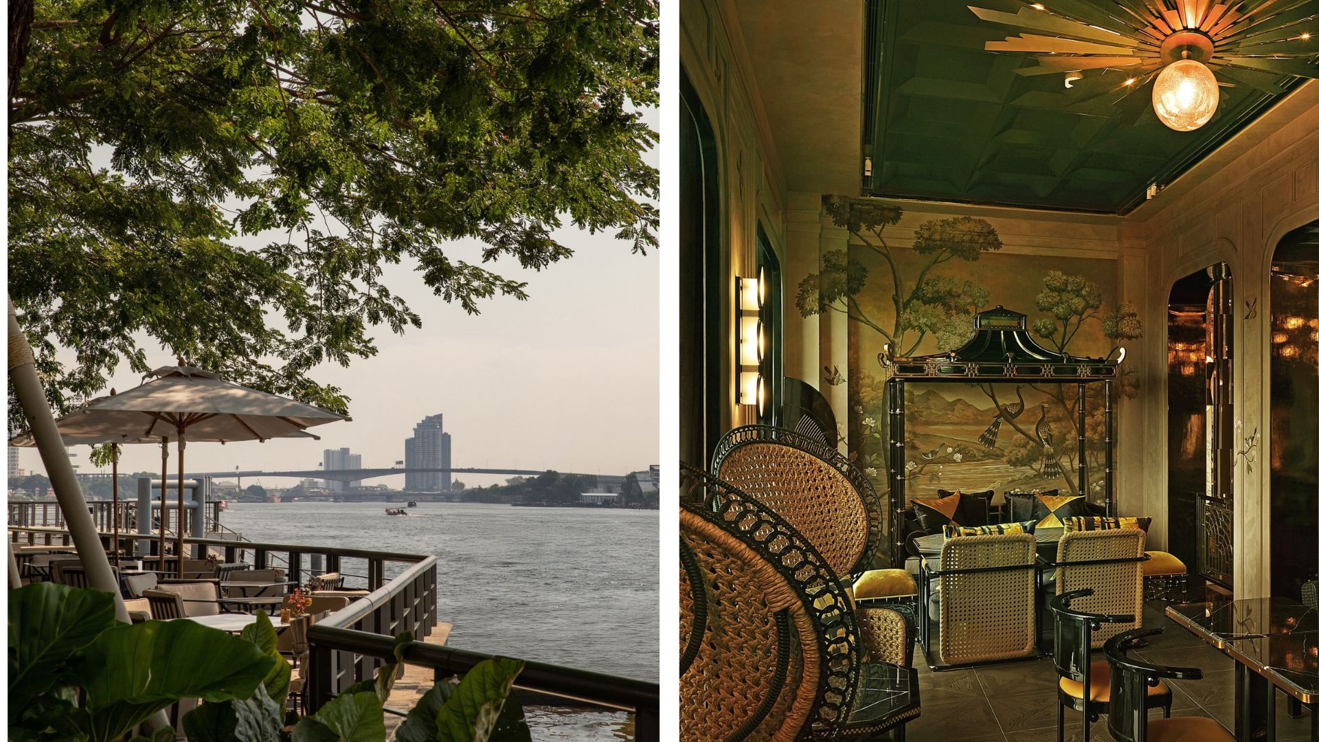 The riverside restaurant terrace showing the river and cream parasols next to an image of stella cocktail bar with wicker chairs chandeliers and art deco art