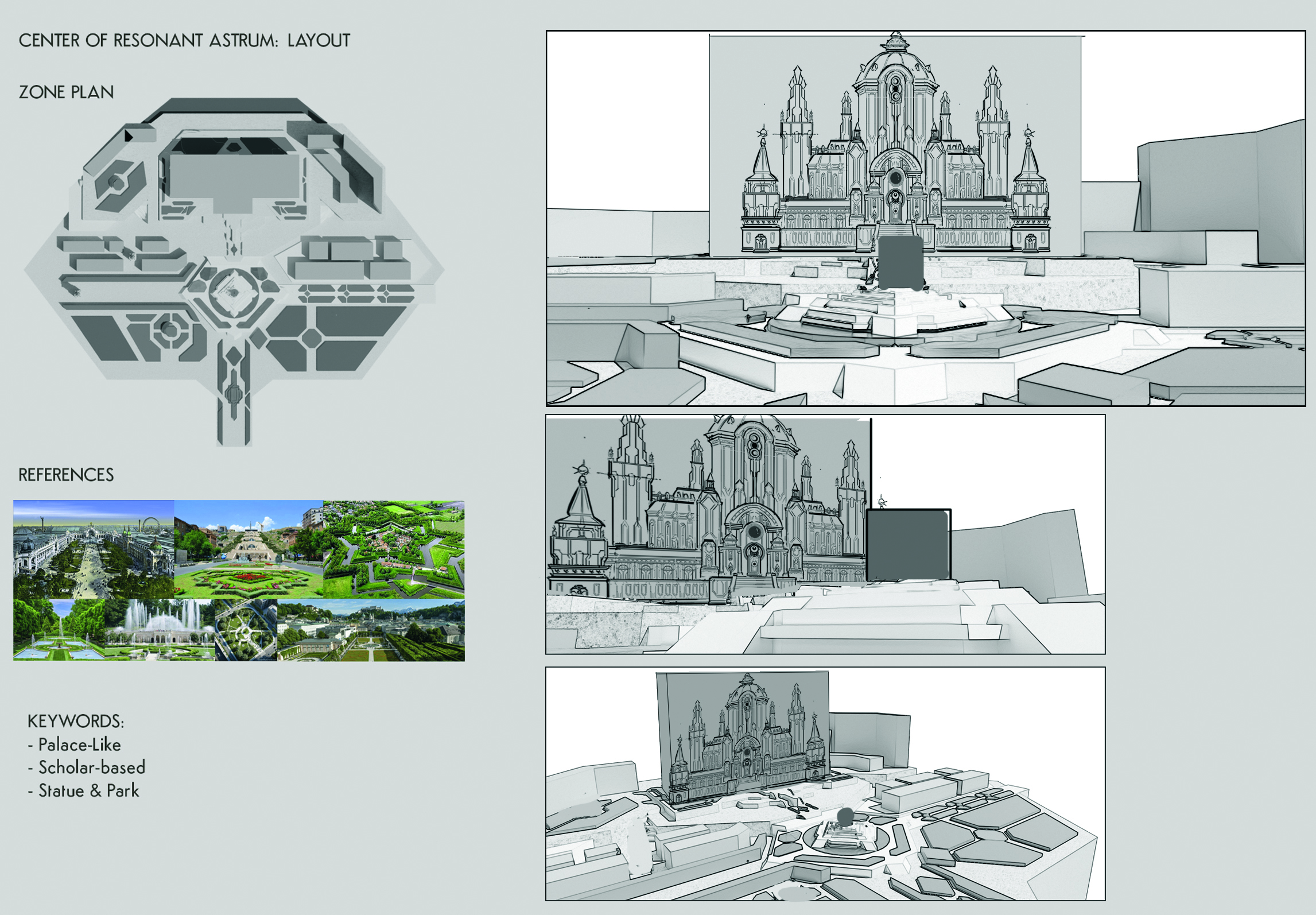 Designs in 2D and early 3D of a castle