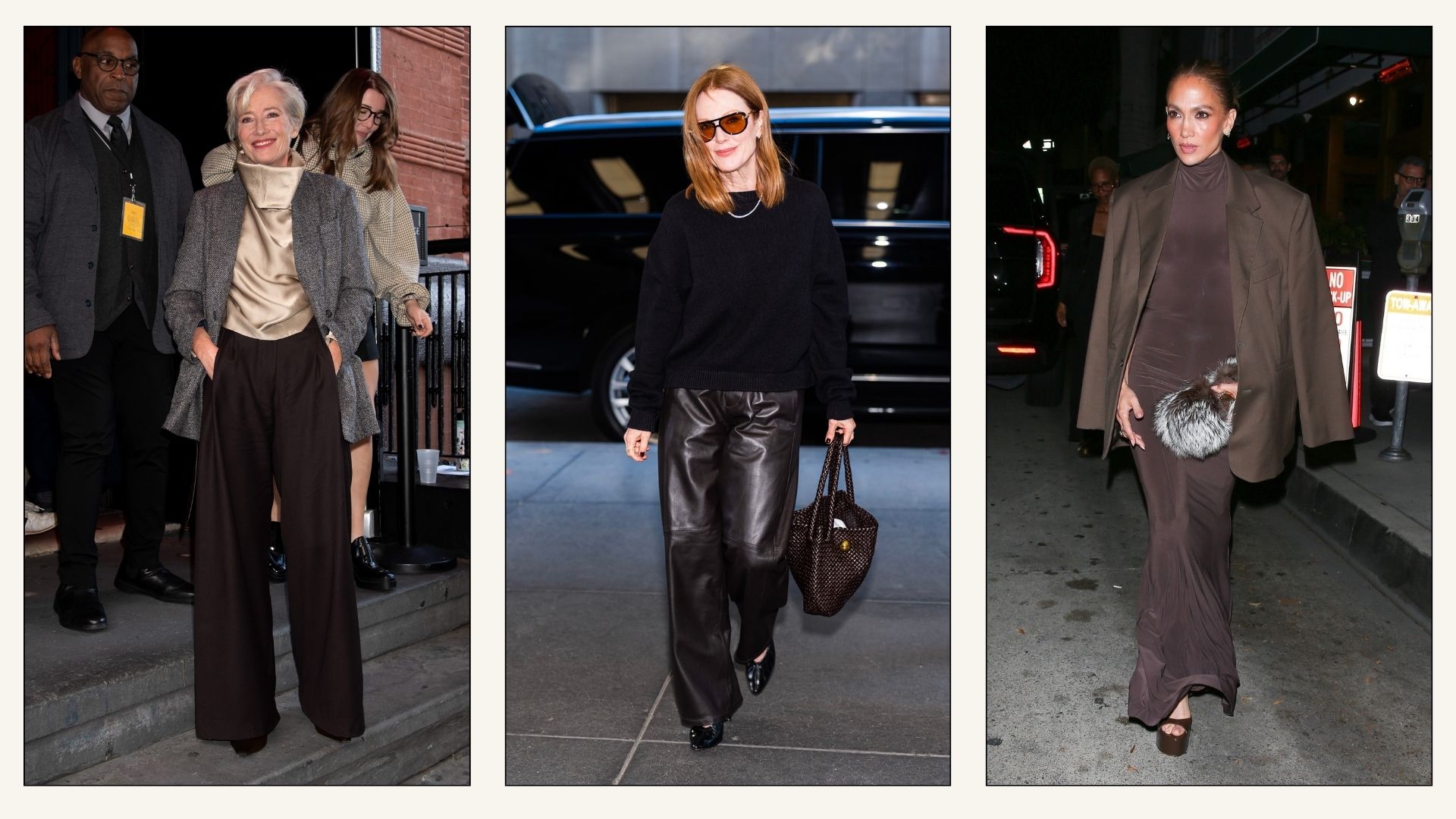 Emma Thompson, Julianne Moore and Jennifer Lopez wear the chocolate brown colour trend.
