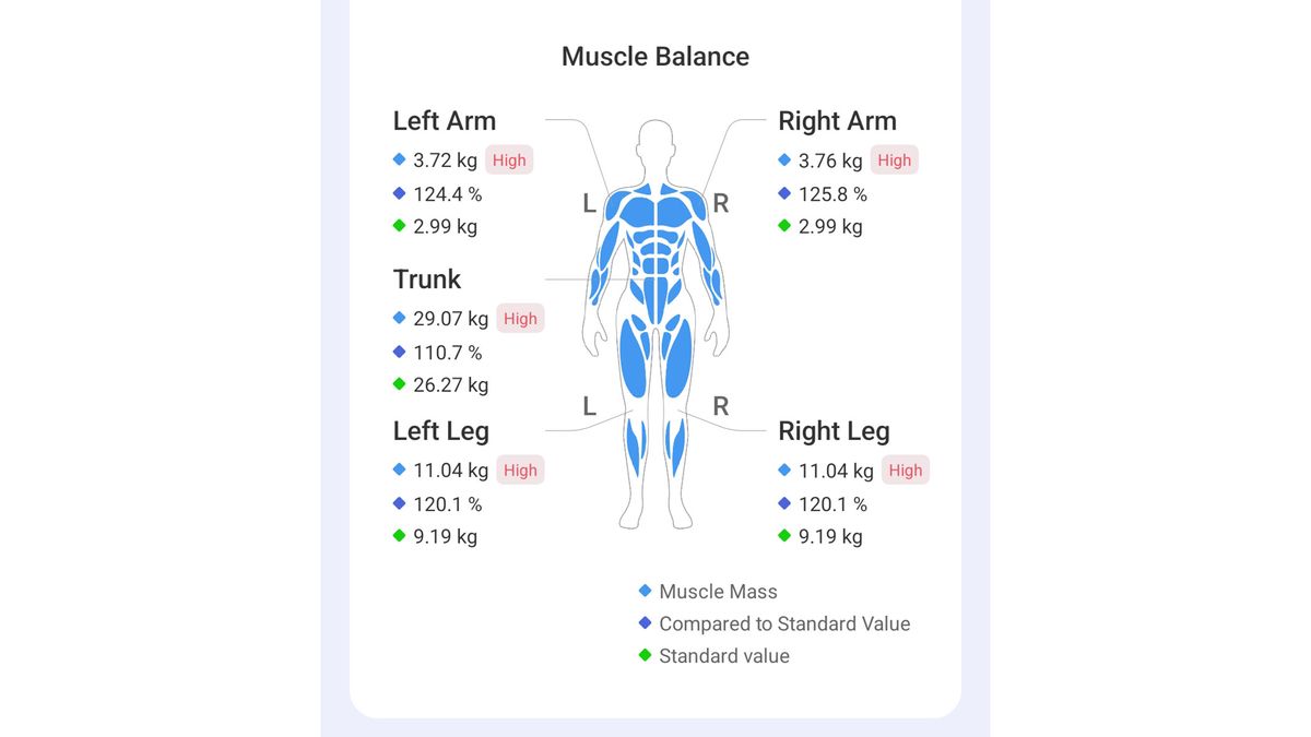A screenshot of our reviewer's Muscle Balance analysis from the Renpho Health app