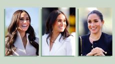 Collage of three images of Meghan Markle on a light green background