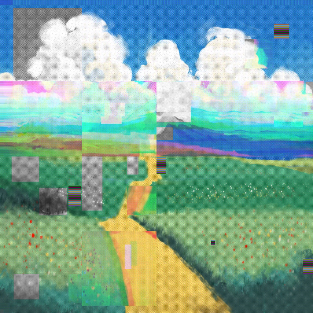 Wacom Intuos Pro review; a yellow path crosses green fields leading to an ocean with fluffy white clouds