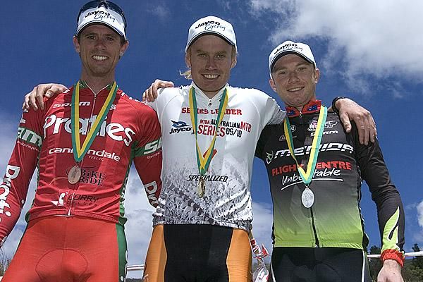 The medallists from the men's elite cross country race in Tasmania.