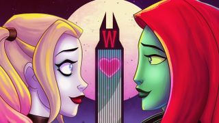 (L to R) Harley Quinn and Poison Ivy look into each other's eyes with Wayne Tower (decorated by a heart) in the background, in the poster art for Harley Quinn: A Very Problematic Valentine's Day Special