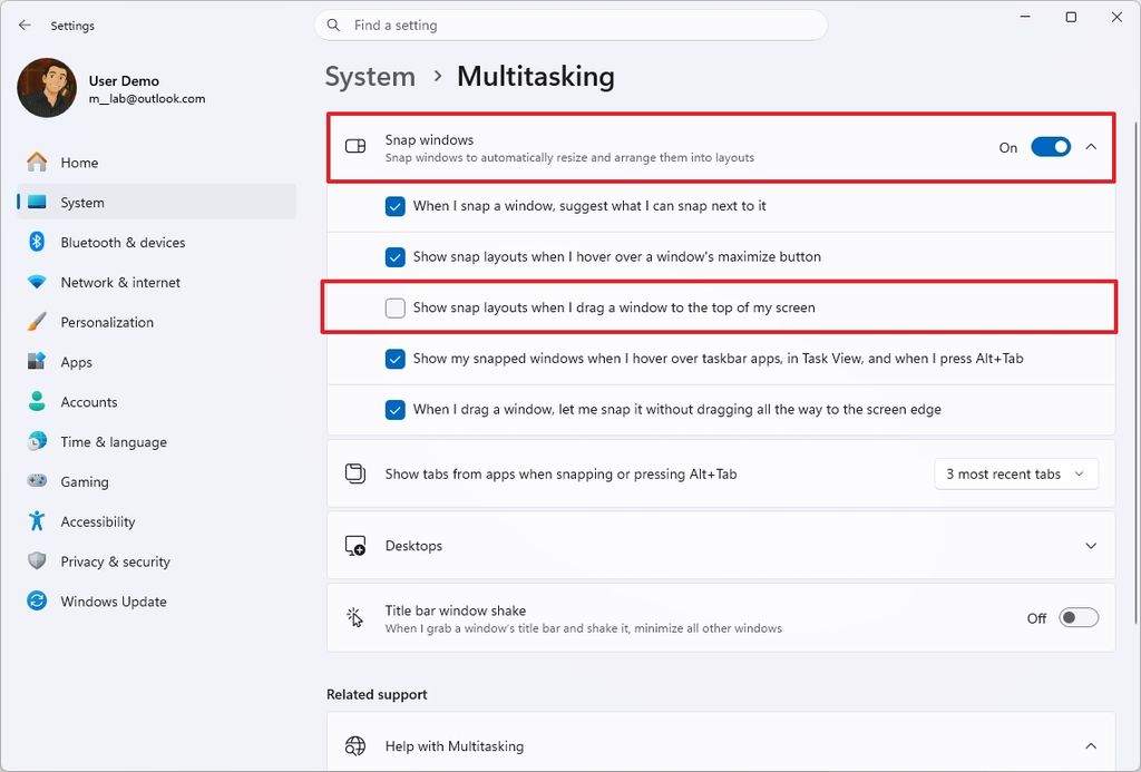 Windows 11 Snap Assist from the top of the screen disabled