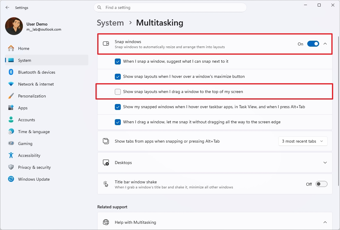 Windows 11 Snap Assist from the top of the screen disabled